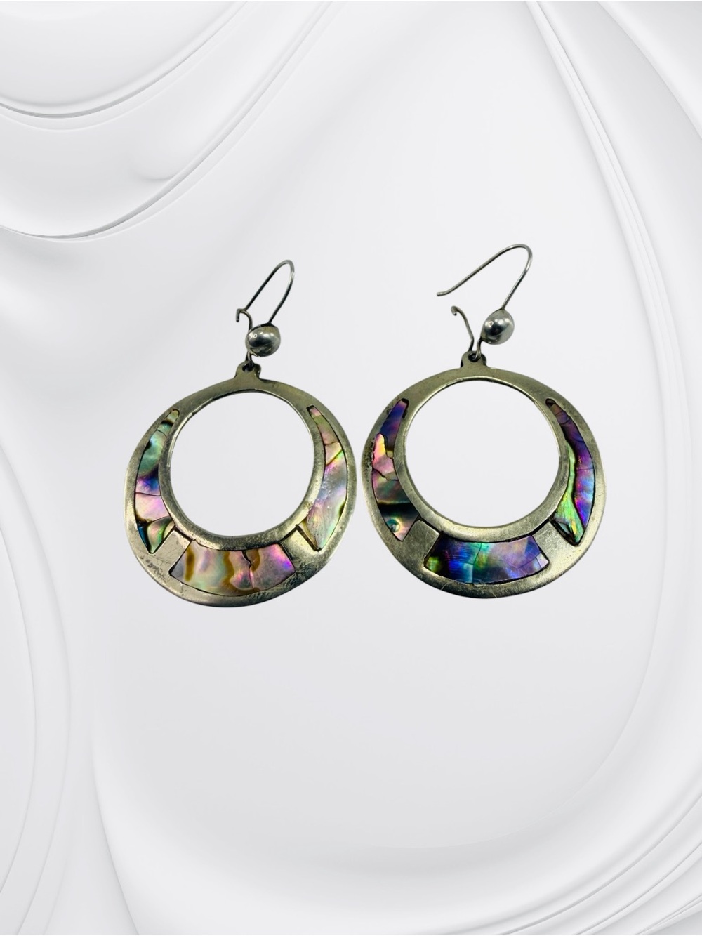 Alpaca Silver Earrings Mother Of Pearl Abalone Hook Dangle Drop Boho Southwest